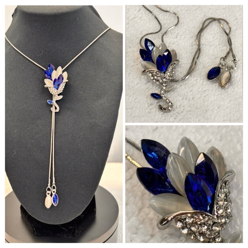 Blue & Clear Rhinestone Flower Bolo Tassel Necklace